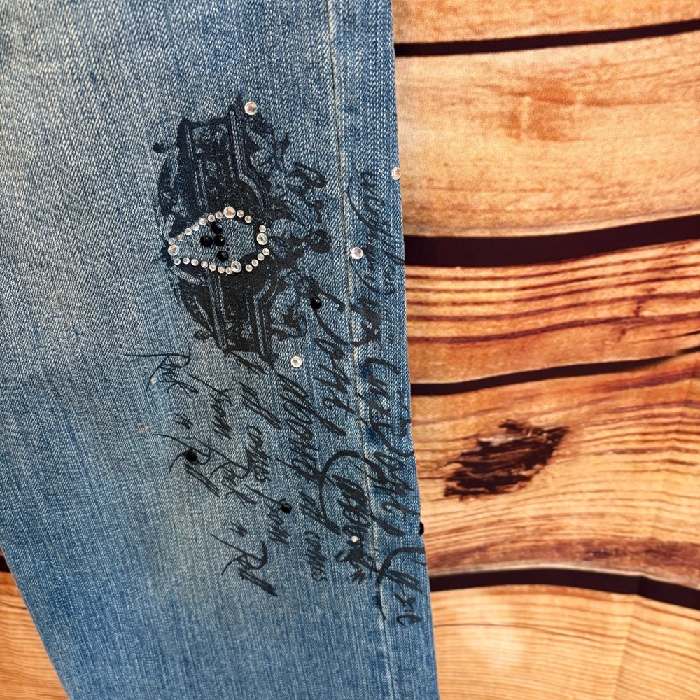 Z Cavaricci Juniors Y2K Mid Rise Straight Leg Med Wash Jeweled Jeans Sz 11 - Picture 4 of 11
